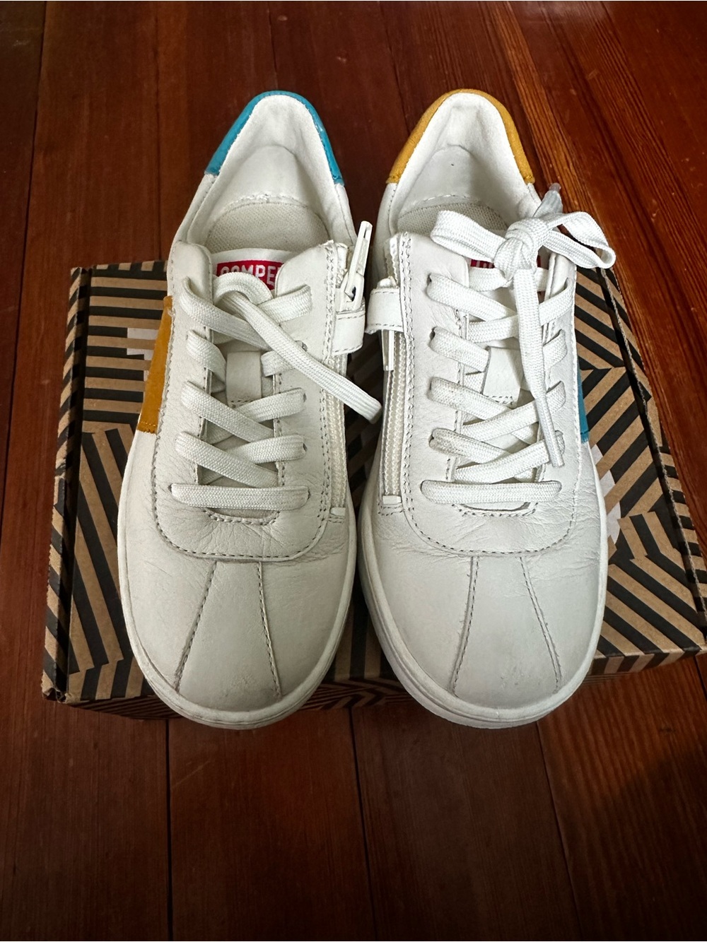 Camper White Kids Sneakers with Blue and Yellow Accents - Comfortable Lace-Up